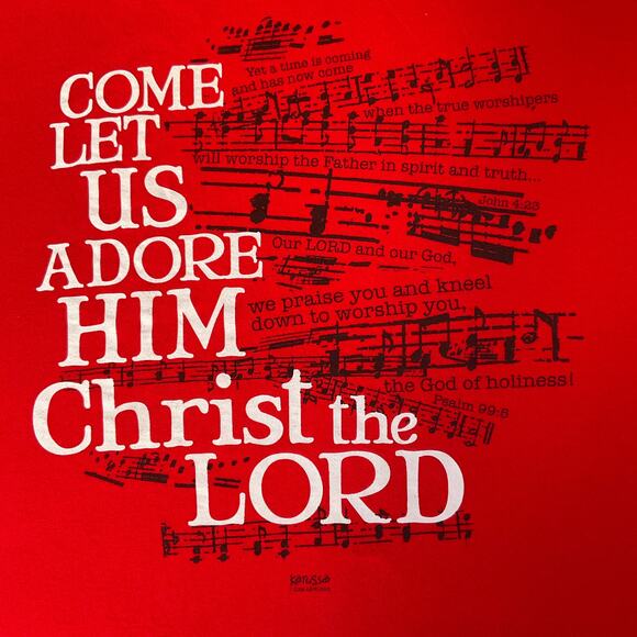 Delta Pro Weight Men T-shirt size L Red Come Let Us Adore Him Christ The Lord - Picture 5 of 9